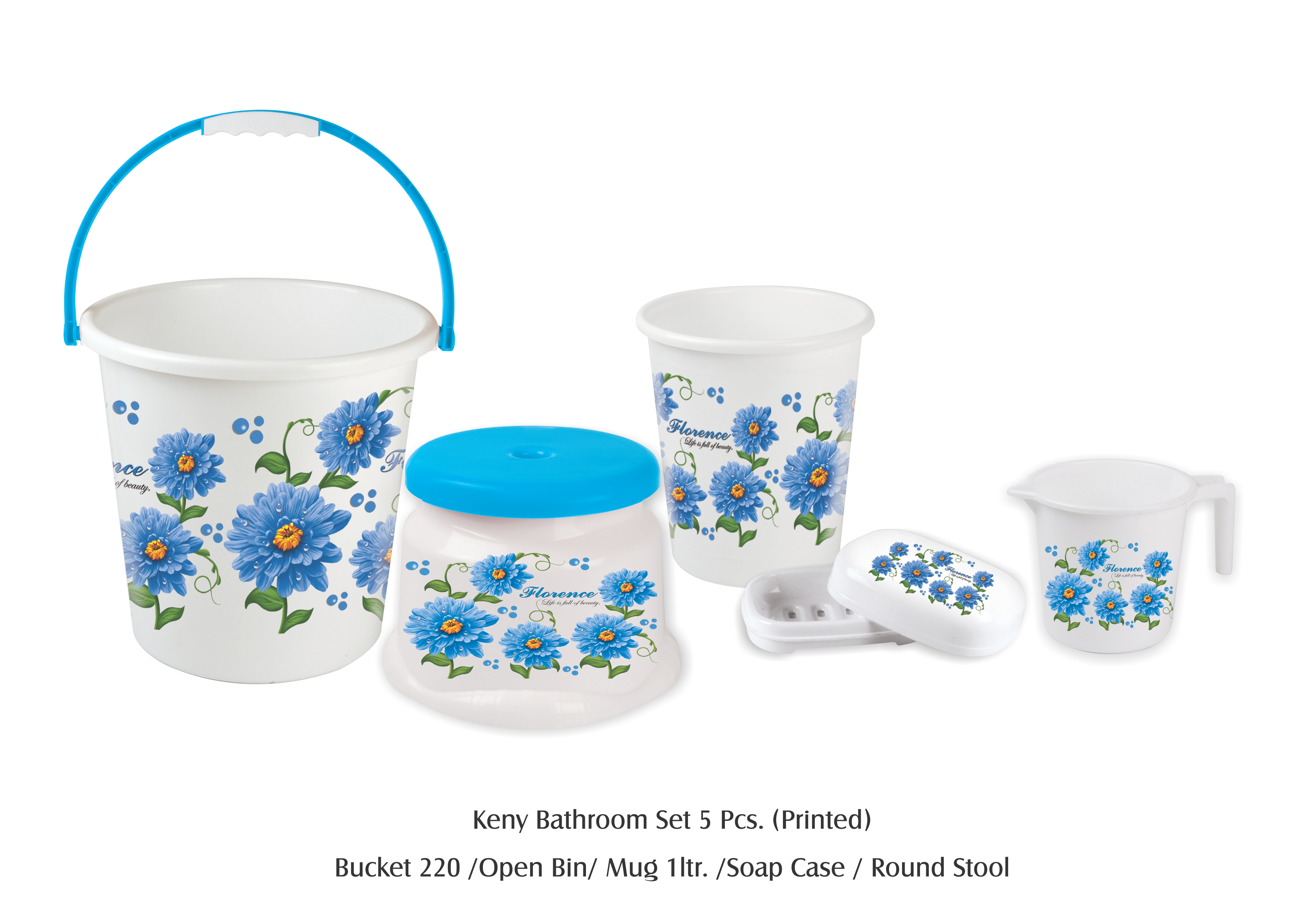 Modware Kany Bucket Set 5pc Printed Set Kany20 Kany Round Stool Kany Open Bin Kany Mug 1 Kany Soapcase Plastic Bath Room Set Box Packaging Wholesale Manufacturers Distributors Buy Modware